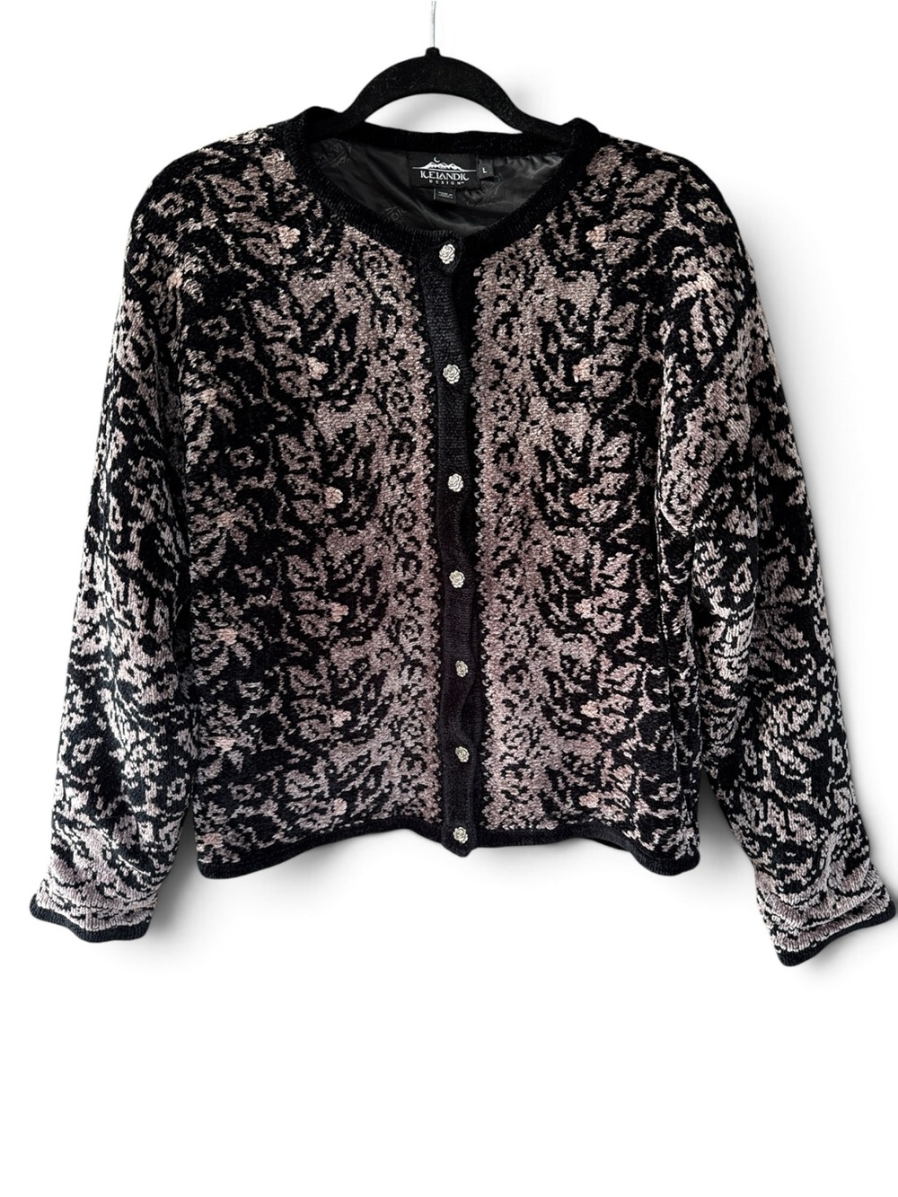 Icelandic Design L Cardigan Sweater Black Pink Floral Buttons 90s vintage